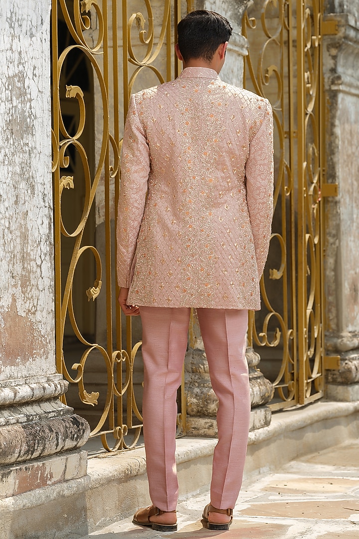 Peach Jacquard Embroidered Wedding Indowestern Jacket Set by Anuj and Rishina at Pernia's Pop Up Shop