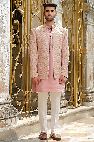 Peach Jacquard & Silk Embroidered Indowestern Jacket Set by Anuj and Rishina