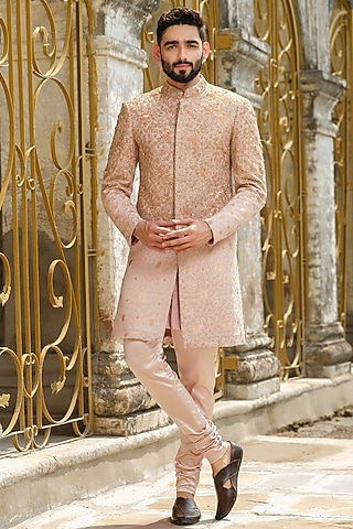 Peach Jacquard & Silk Embroidered Sherwani Set by Anuj and Rishina