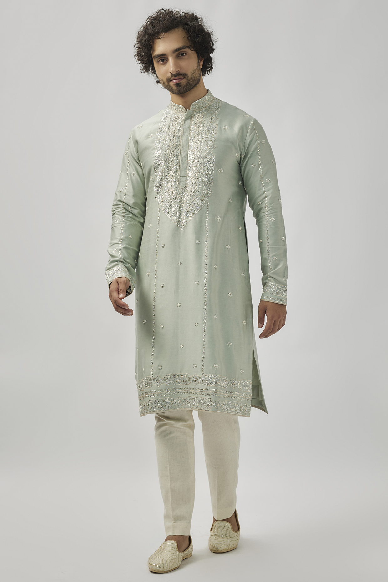 Sage Green Chanderi Jaal Embroidered Kurta Set by Anushree Reddy Men