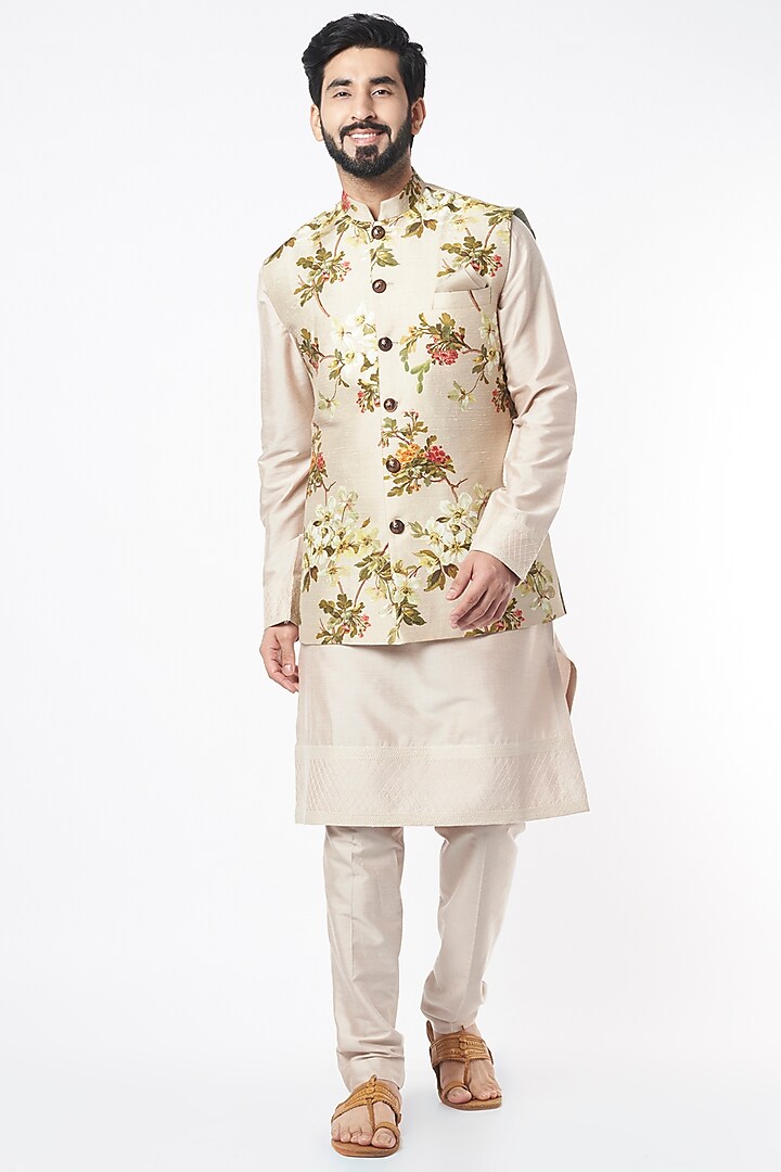 Ivory Kurta Set With Mint Floral Bundi Jacket by Anushree Reddy Men