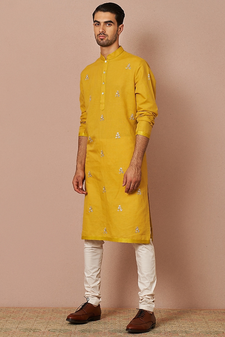 Mustard Linen Embroidered Kurta Set by Anushree Reddy Men