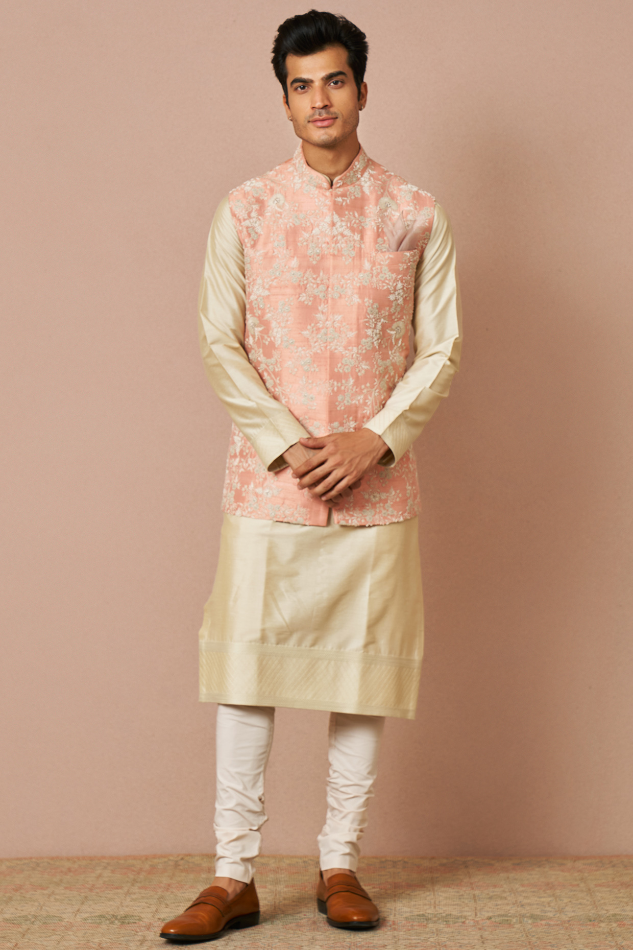 Pink Raw Silk Floral Embroidered Bundi Jacket Set by Anushree Reddy Men