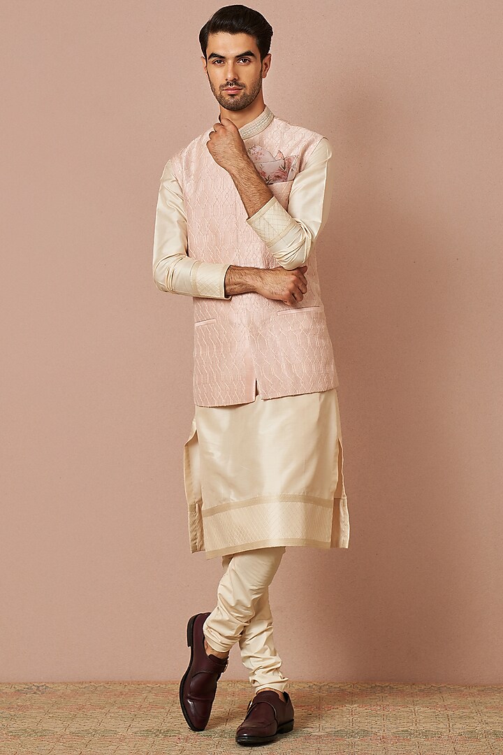 Pastel Pink Silk Embroidered Bundi Jacket With Kurta Set by Anushree Reddy Men