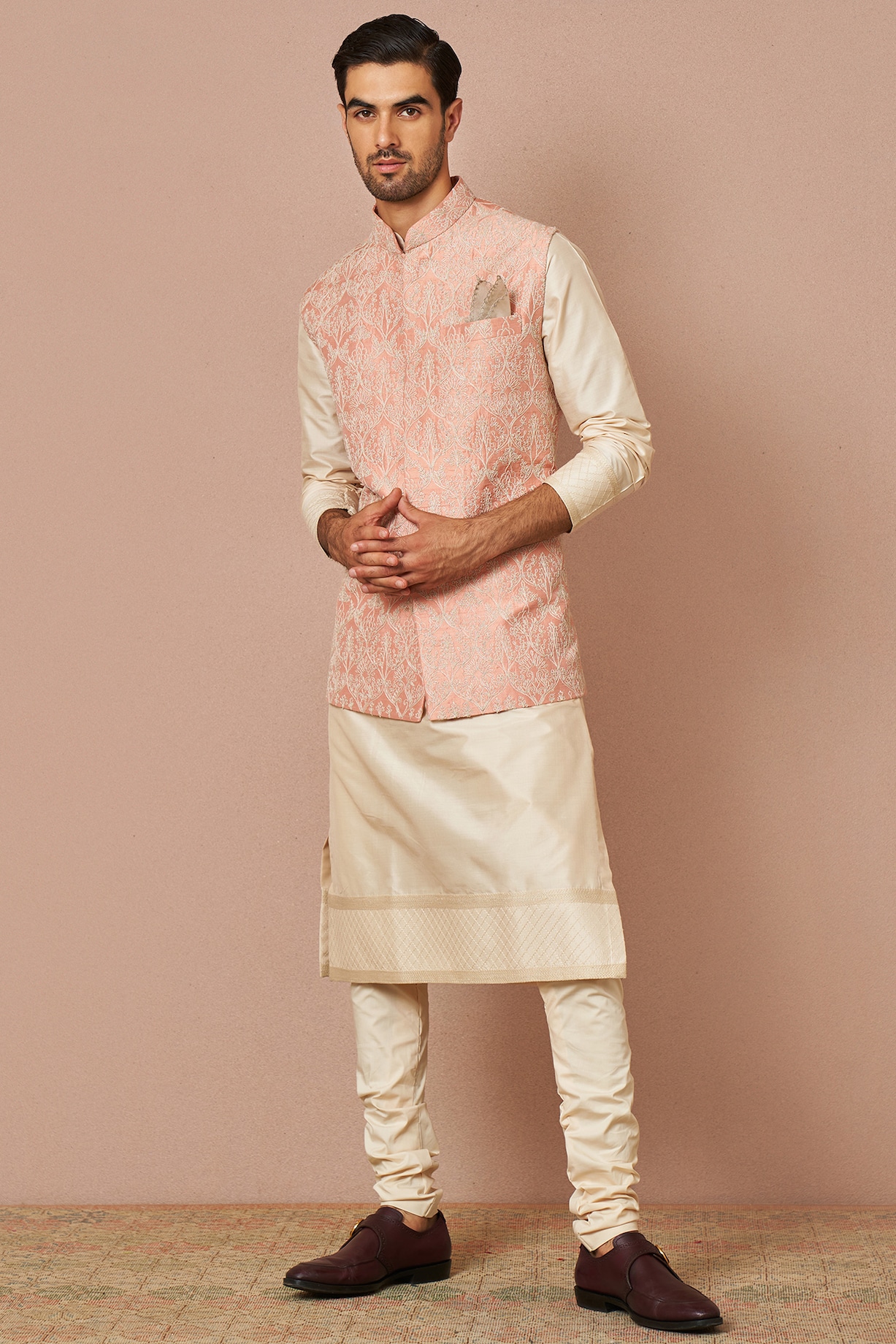 Pastel Pink Raw Silk Embroidered Bundi Jacket With Kurta Set by Anushree Reddy Men