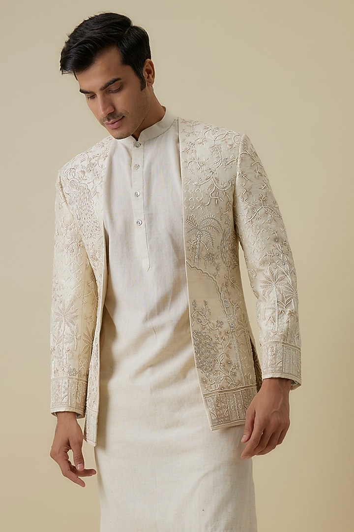 Ivory Raw Silk Indowestern Set by Anushree Reddy Men at Pernia's Pop Up Shop