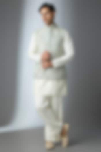 Powder Blue Raw Silk Thread Embroidered Nehru Jacket by Anushree Reddy Men at Pernia's Pop Up Shop