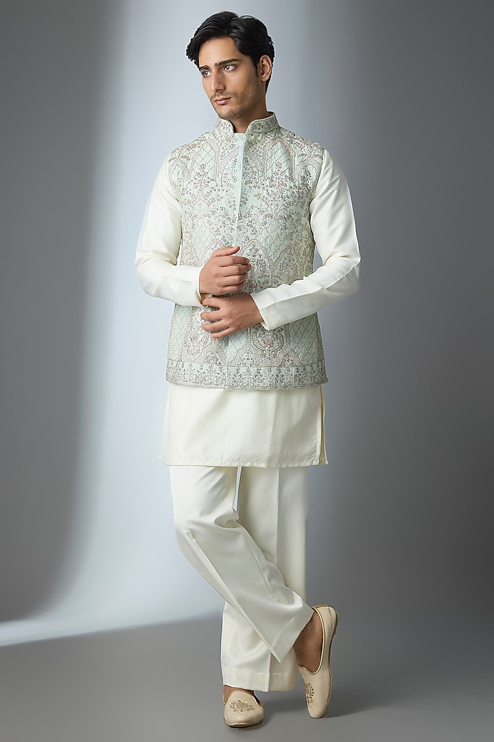 Powder Blue Raw Silk Thread Embroidered Nehru Jacket by Anushree Reddy Men at Pernia's Pop Up Shop