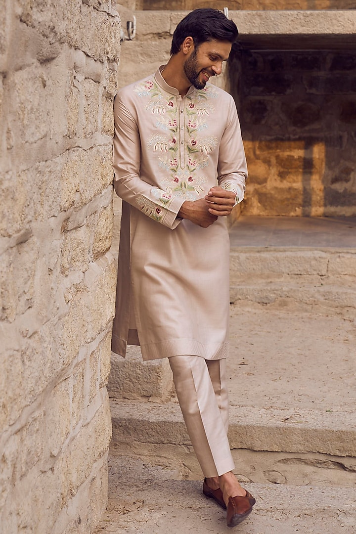 Beige Silk Embroidered Kurta Set by Anushree Reddy Men