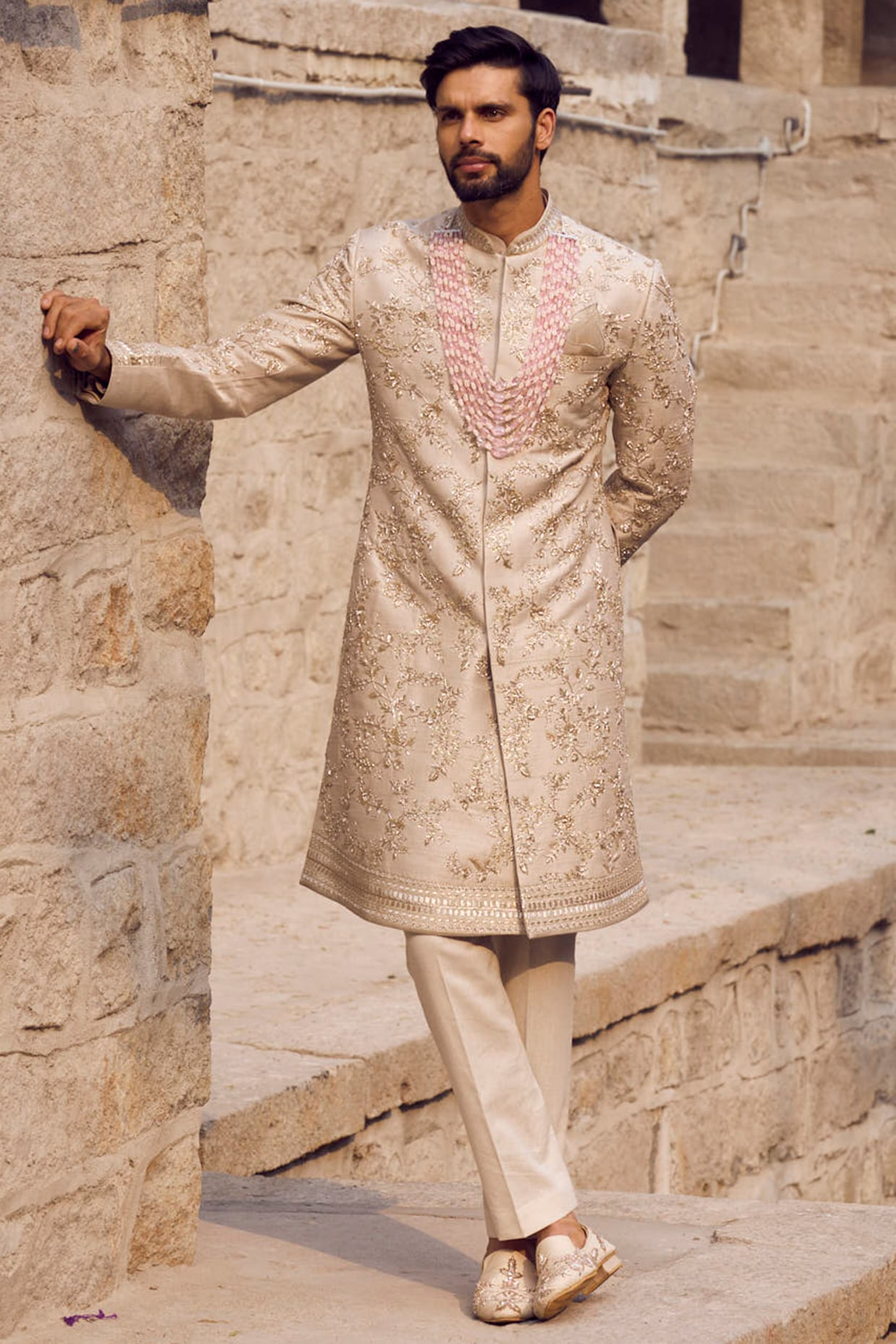 Ivory Raw Silk Cotton Embroidered Sherwani Set Design by