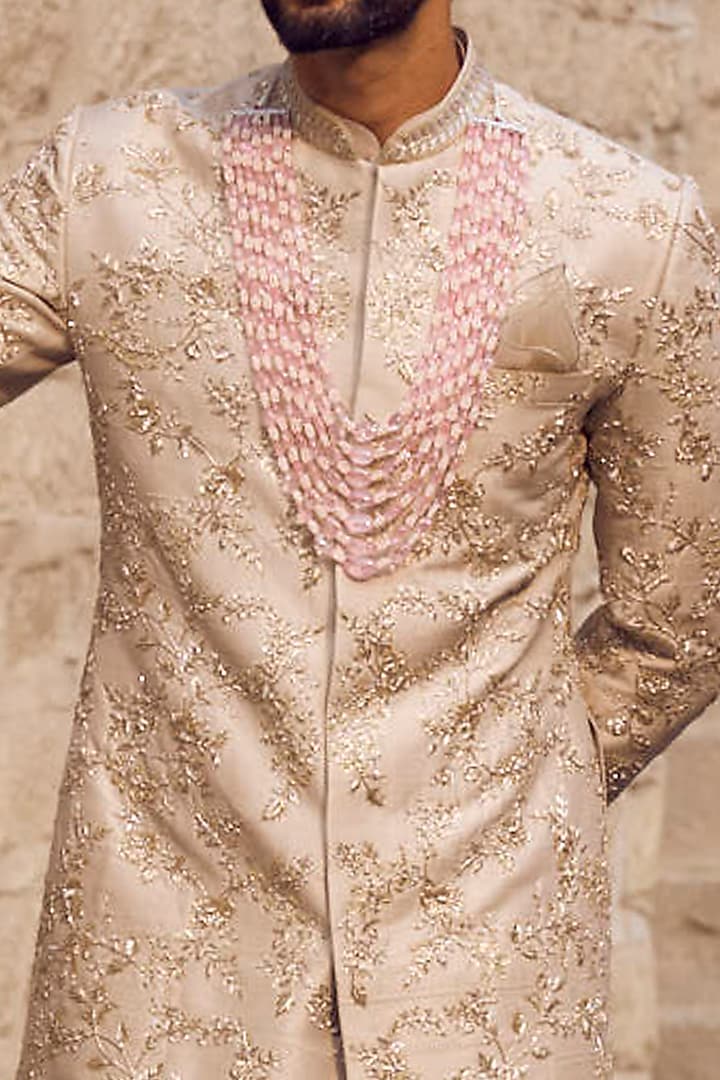 Ivory Raw Silk & Cotton Embroidered Groom Sherwani Set by Anushree Reddy Men at Pernia's Pop Up Shop