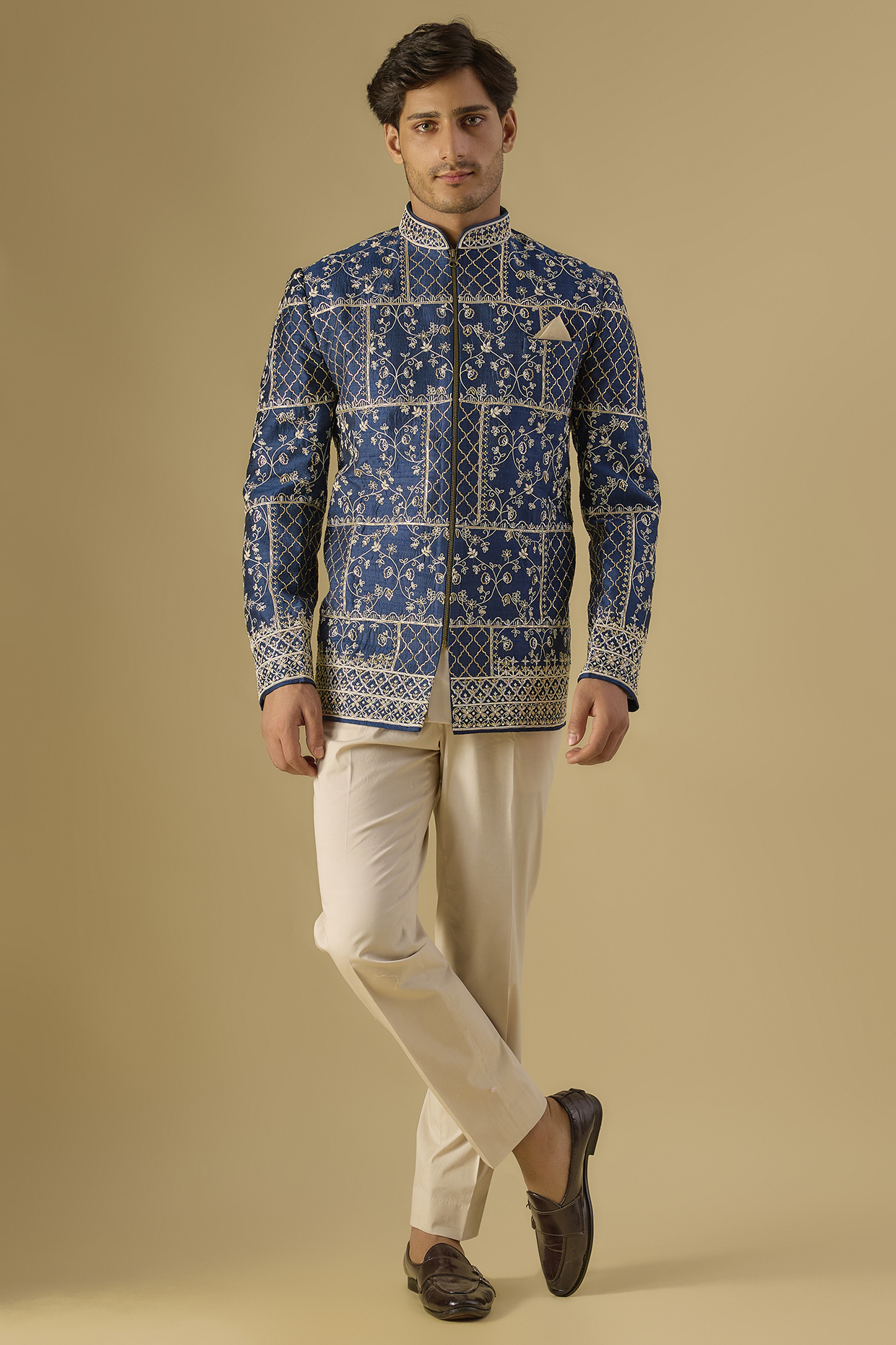 Blue Raw Silk Embroidered Bandhgala Set by Anushree Reddy Men