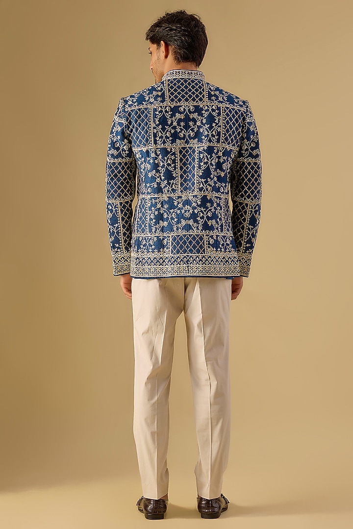 Blue Raw Silk Embroidered Groom Bandhgala Set by Anushree Reddy Men at Pernia's Pop Up Shop