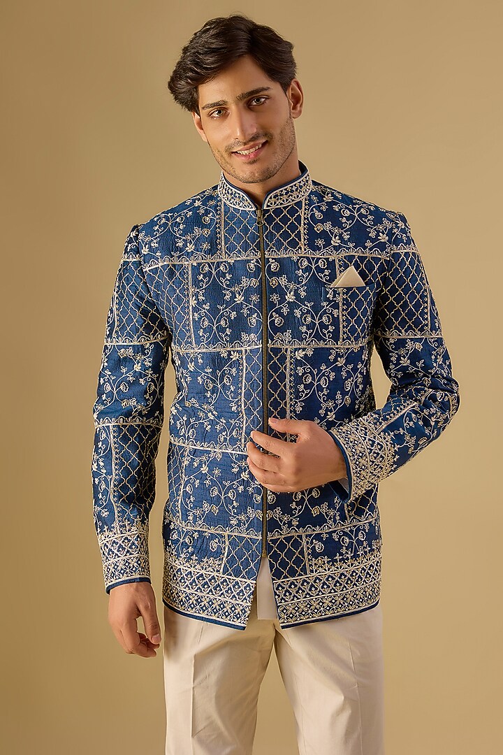 Blue Raw Silk Embroidered Groom Bandhgala Set by Anushree Reddy Men at Pernia's Pop Up Shop