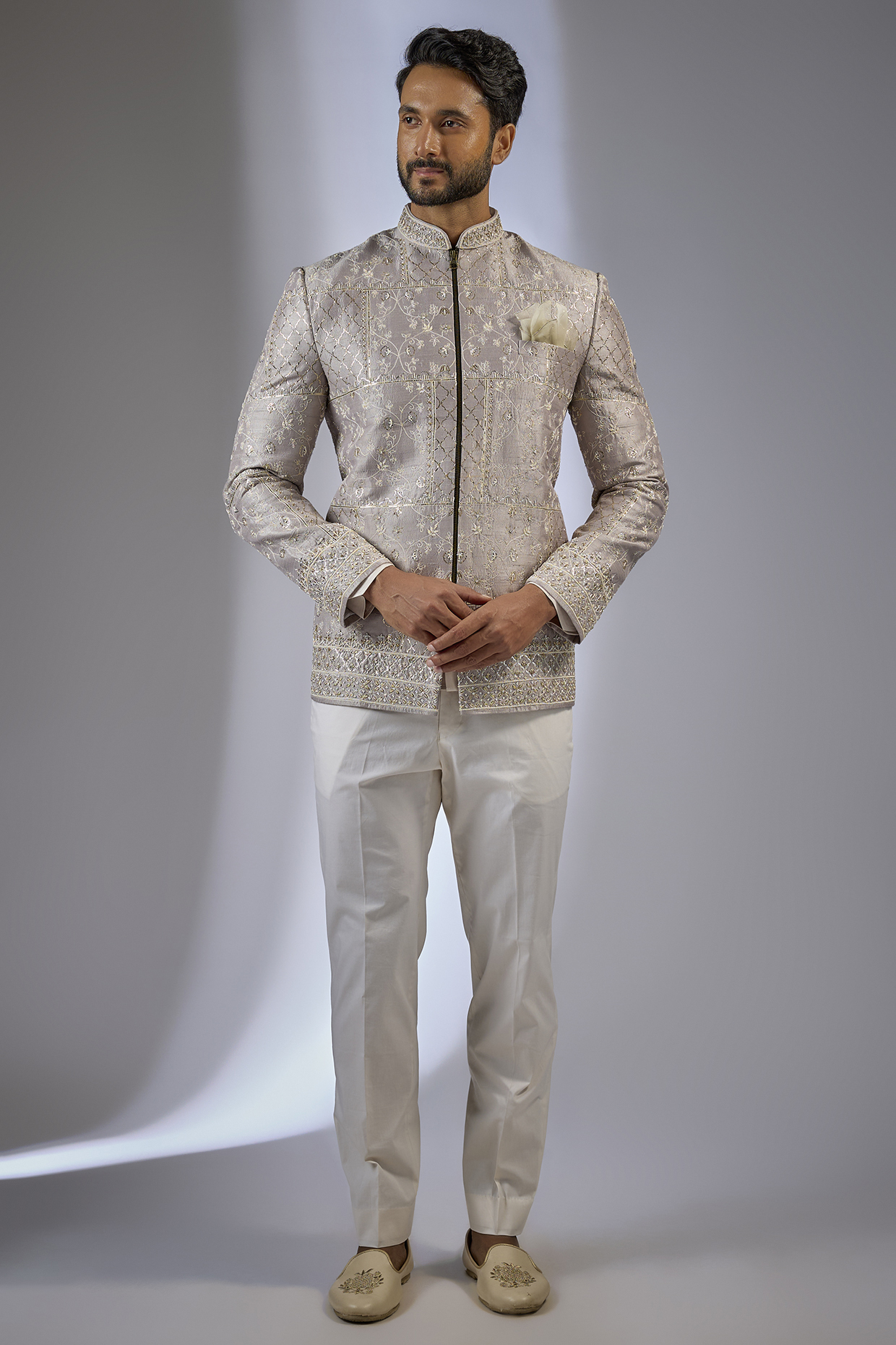 Ash Grey Raw Silk Embroidered Bandhgala Set by Anushree Reddy Men