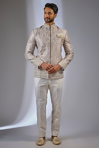 Ash Grey Raw Silk Embroidered Bandhgala Set by Anushree Reddy Men