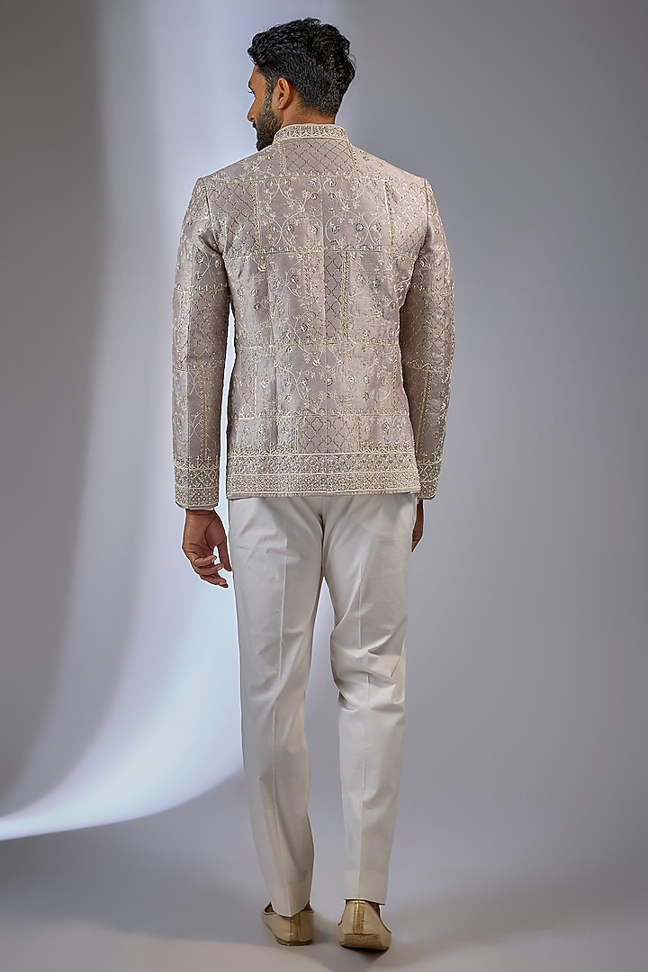 Ash Grey Raw Silk Embroidered Groom Bandhgala Set by Anushree Reddy Men at Pernia's Pop Up Shop