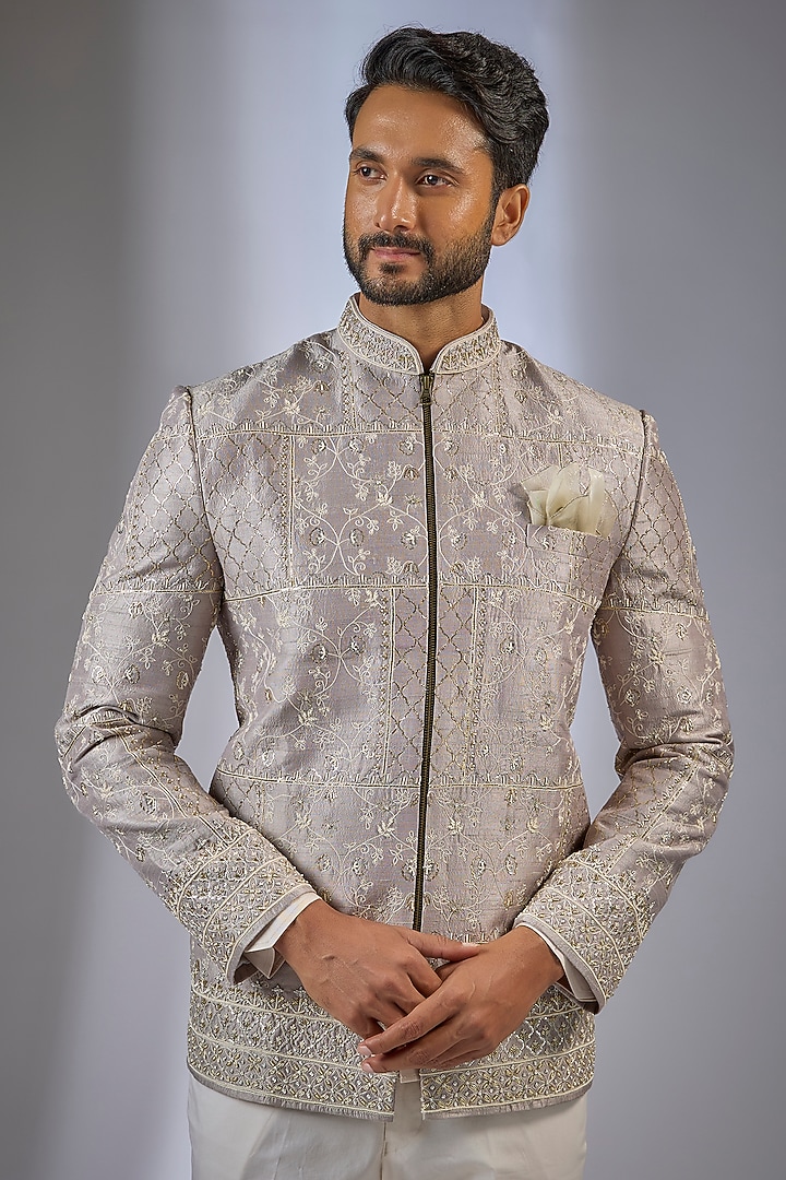 Ash Grey Raw Silk Embroidered Groom Bandhgala Set by Anushree Reddy Men at Pernia's Pop Up Shop