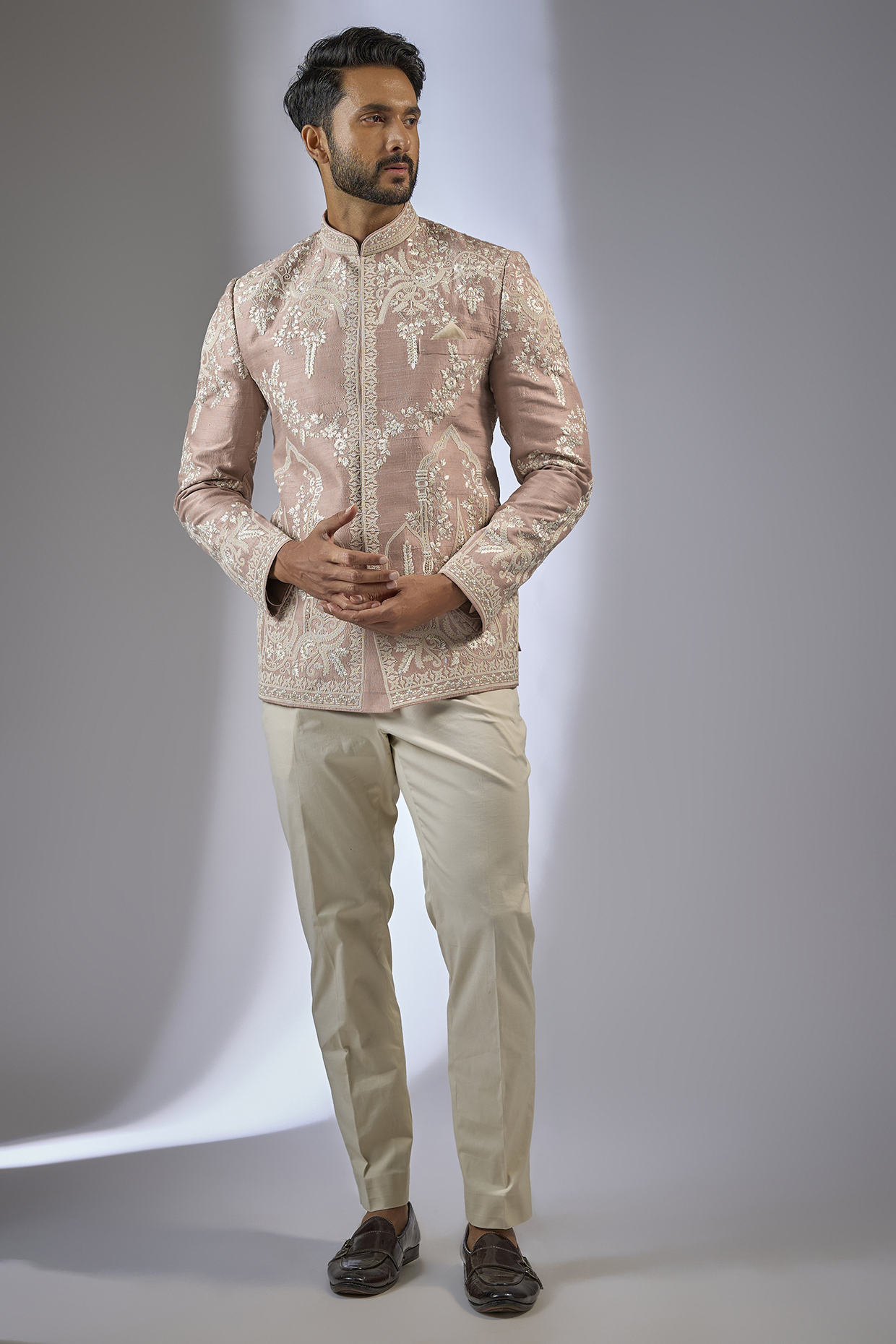 Dusty Rose Raw Silk Embroidered Bandhgala Set by Anushree Reddy Men
