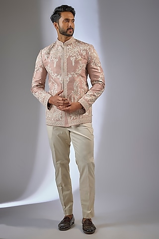 Dusty Rose Raw Silk Embroidered Bandhgala Set by Anushree Reddy Men