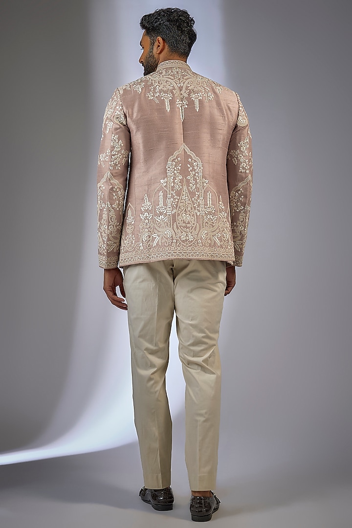 Dusty Rose Raw Silk Embroidered Groom Bandhgala Set by Anushree Reddy Men at Pernia's Pop Up Shop