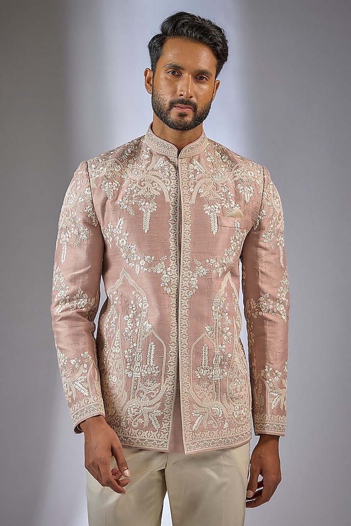Dusty Rose Raw Silk Embroidered Groom Bandhgala Set by Anushree Reddy Men at Pernia's Pop Up Shop