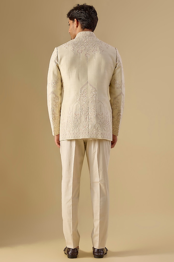 Ivory Raw Silk Embroidered Groom Bandhgala Set by Anushree Reddy Men at Pernia's Pop Up Shop