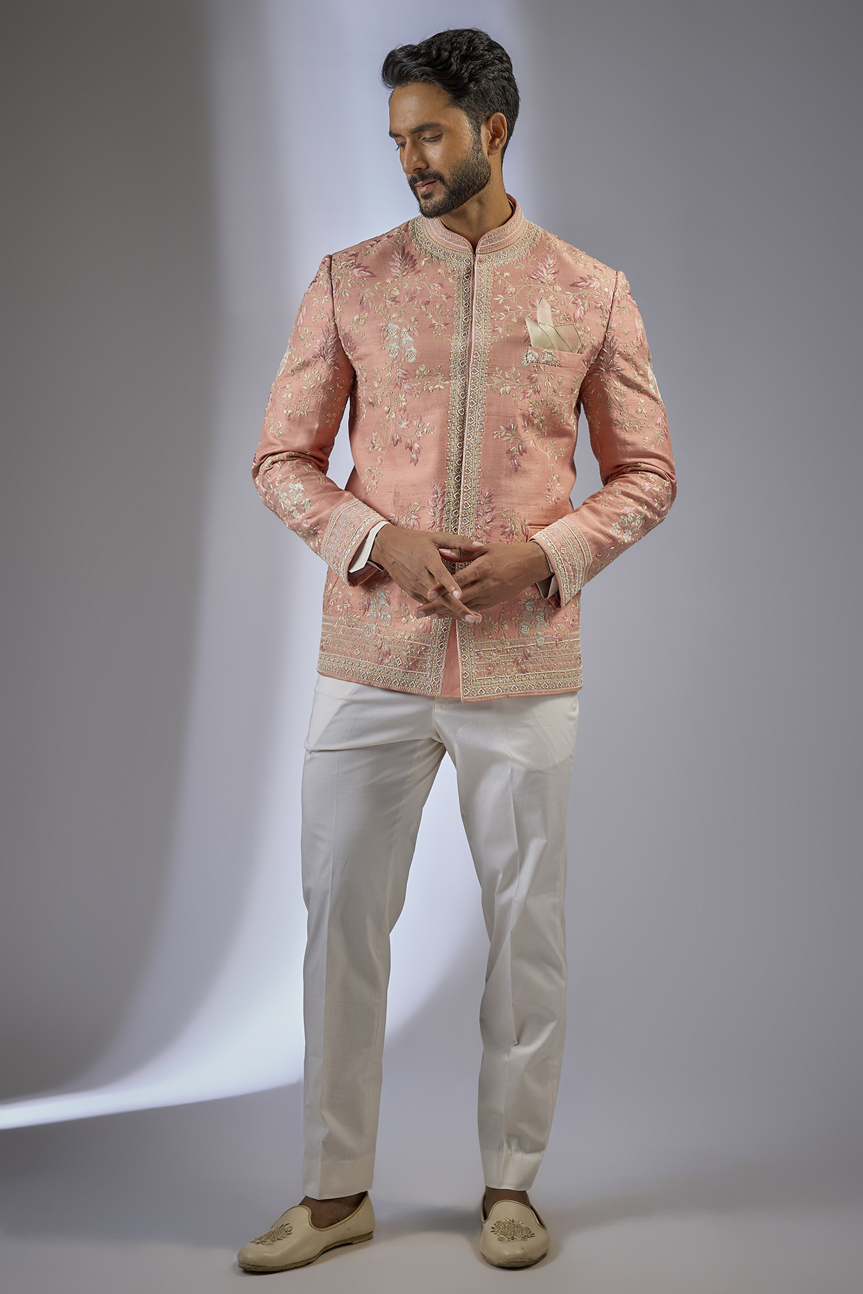 Peach Raw Silk Embroidered Bandhgala Set by Anushree Reddy Men