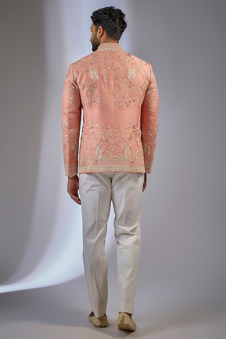 Peach Raw Silk Embroidered Groom Bandhgala Set by Anushree Reddy Men at Pernia's Pop Up Shop