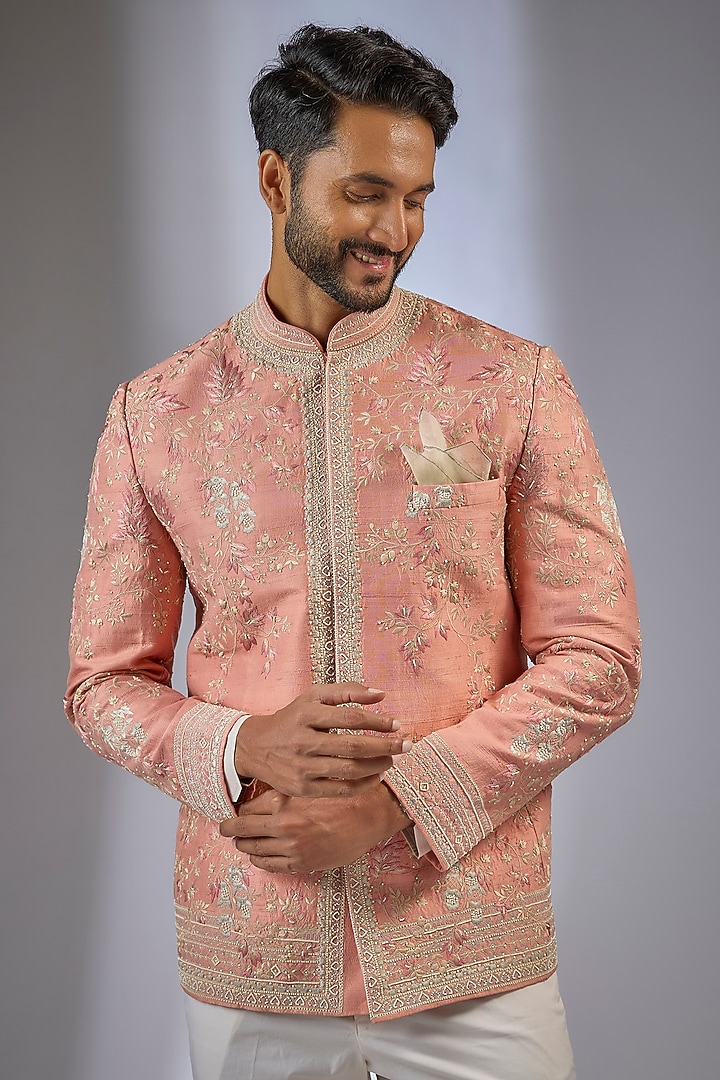 Peach Raw Silk Embroidered Groom Bandhgala Set by Anushree Reddy Men at Pernia's Pop Up Shop