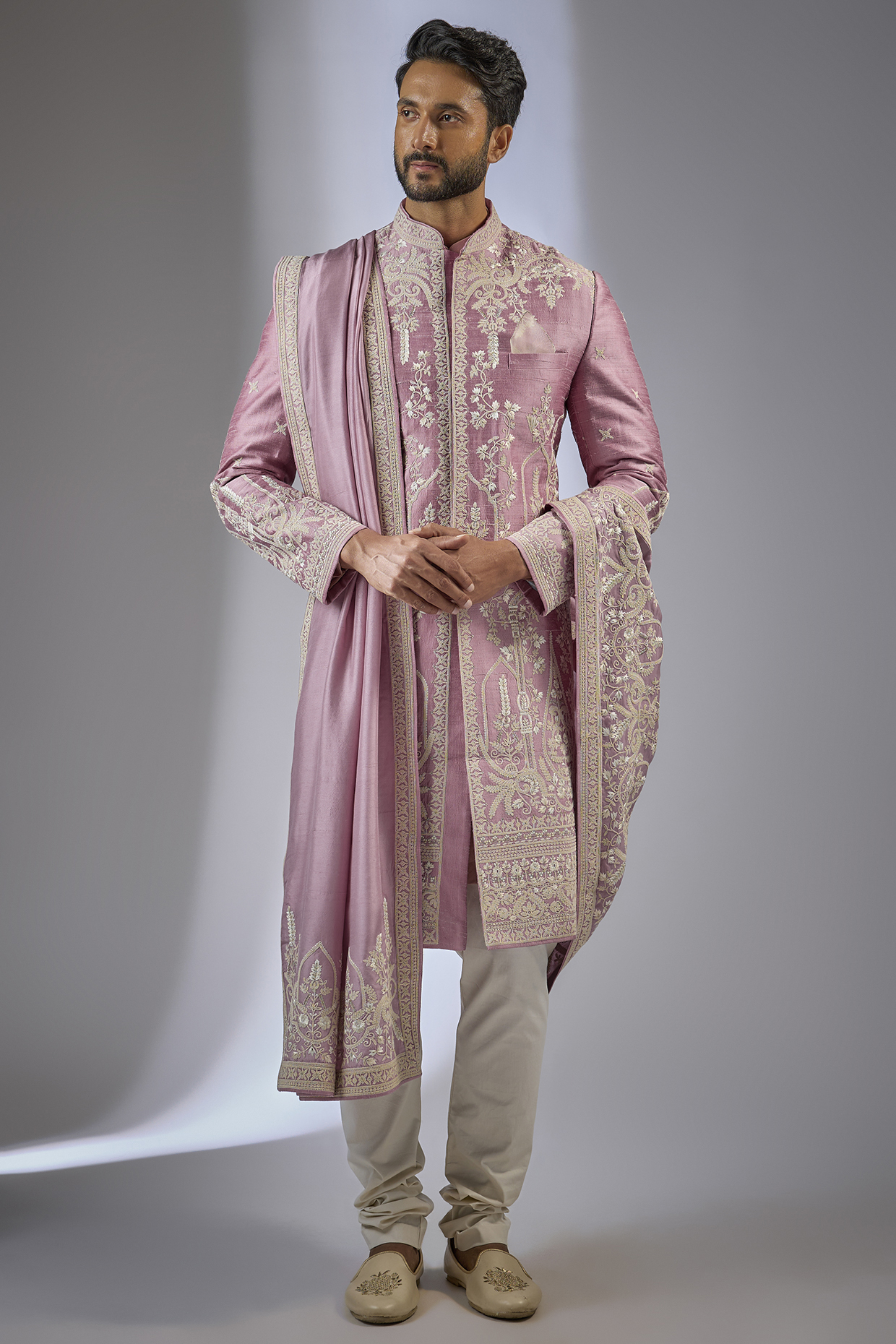 Onion Pink Raw Silk Geometric Embroidered Sherwani Set by Anushree Reddy Men