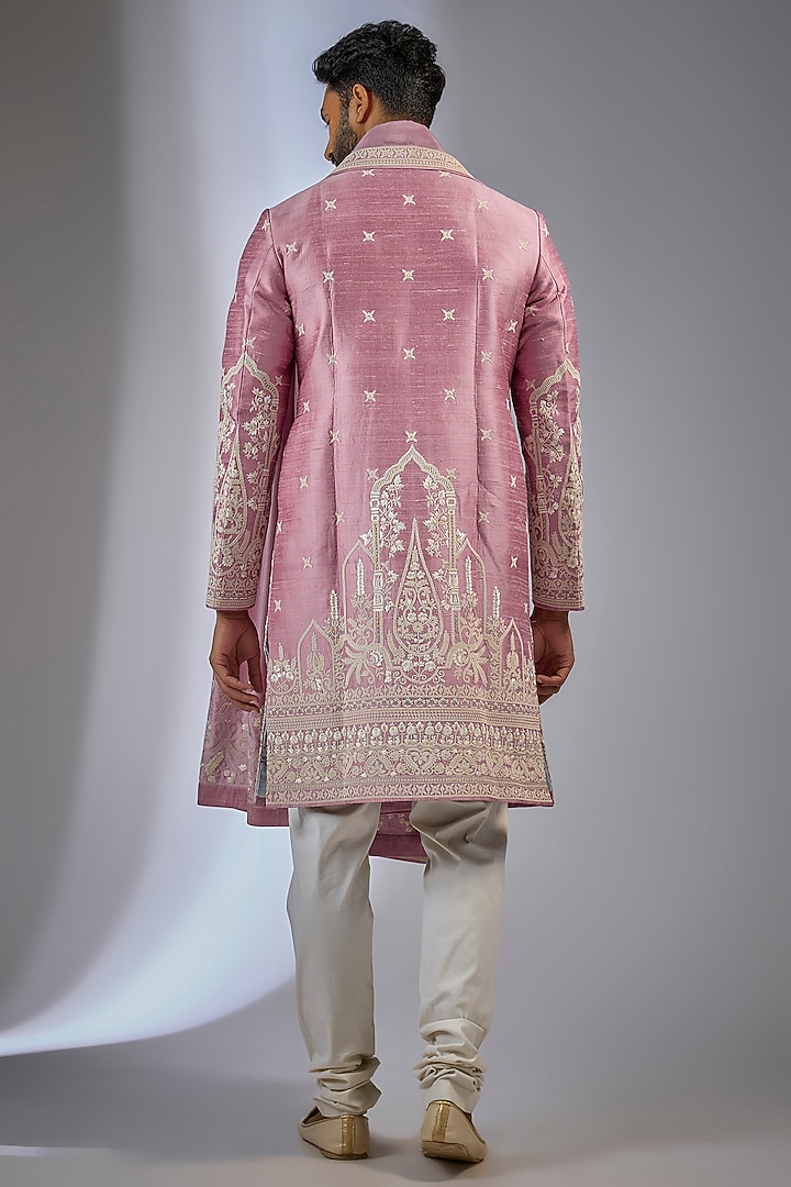 Onion Pink Raw Silk Geometric Embroidered Groom Sherwani Set by Anushree Reddy Men at Pernia's Pop Up Shop