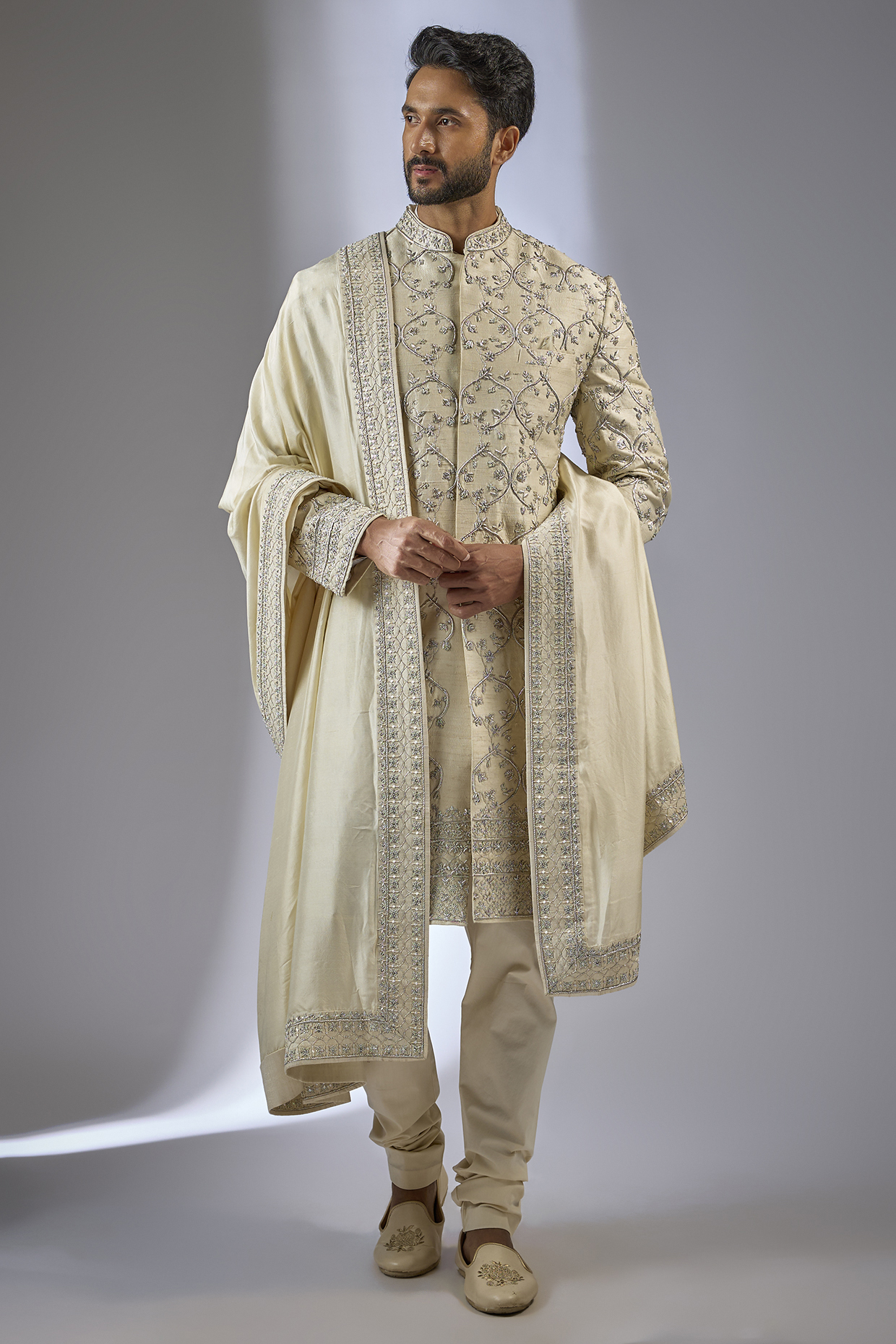 Ivory Raw Silk Geometric Embroidered Sherwani Set by Anushree Reddy Men