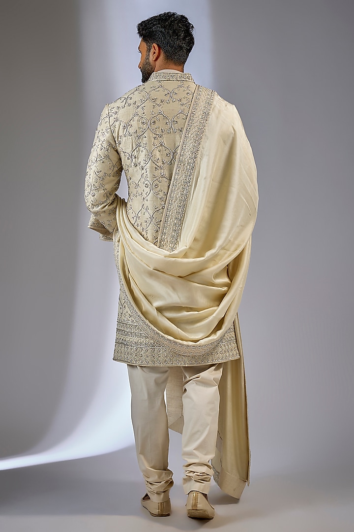 Ivory Raw Silk Geometric Embroidered Groom Sherwani Set by Anushree Reddy Men at Pernia's Pop Up Shop