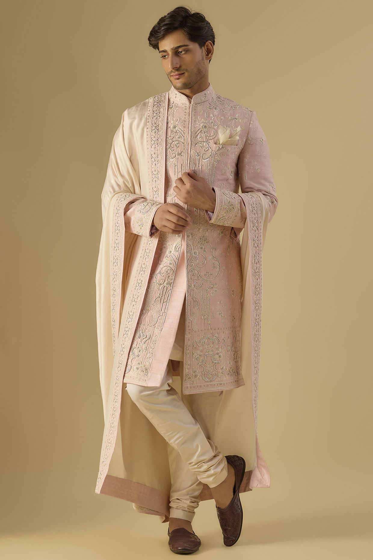 Pink Raw Silk Sherwani Set by Anushree Reddy Men