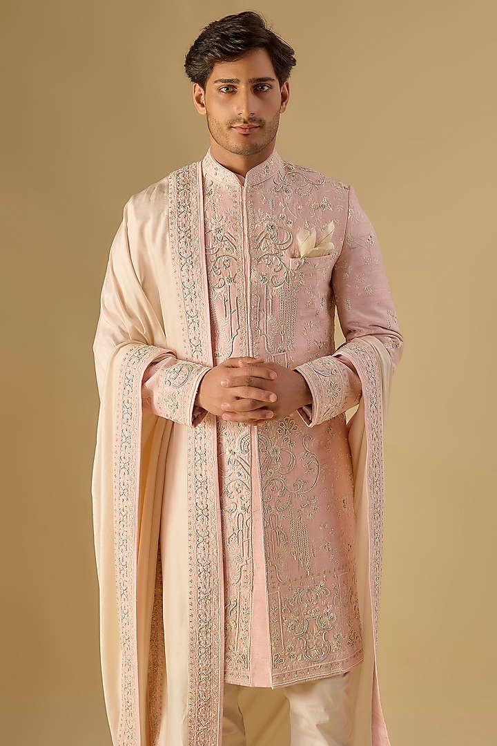 Pink Raw Silk Groom Sherwani Set by Anushree Reddy Men at Pernia's Pop Up Shop