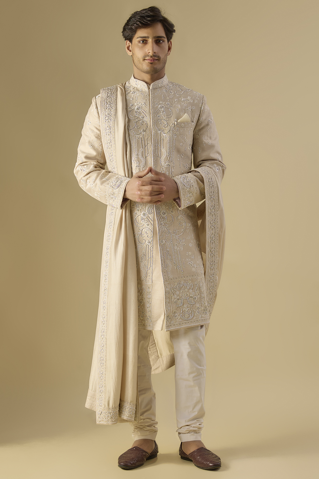 Cream Raw Silk Sherwani Set by Anushree Reddy Men