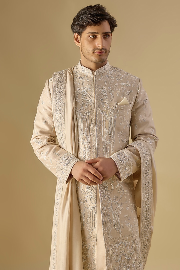 Cream Raw Silk Groom Sherwani Set by Anushree Reddy Men at Pernia's Pop Up Shop