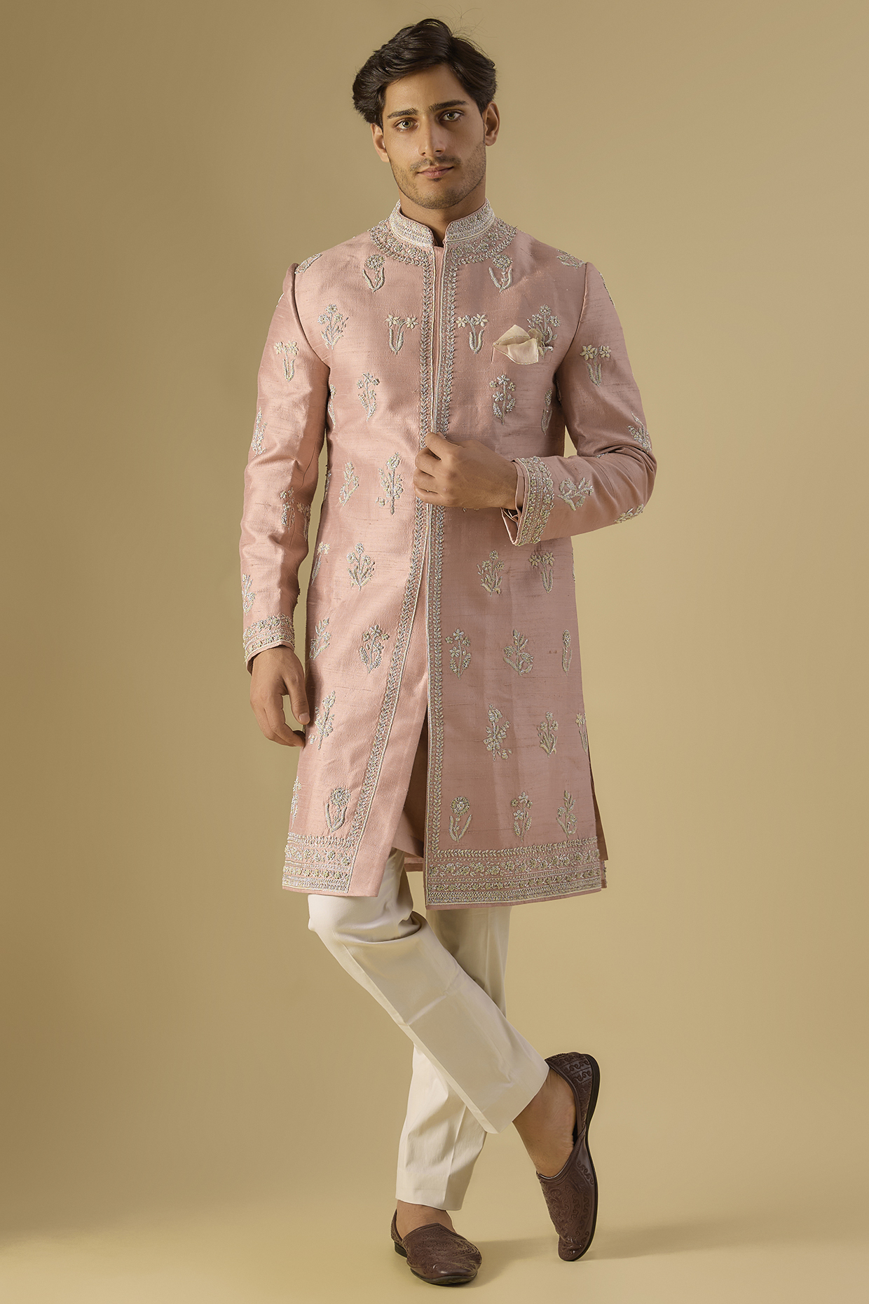 Rose Raw Silk Sherwani Set by Anushree Reddy Men