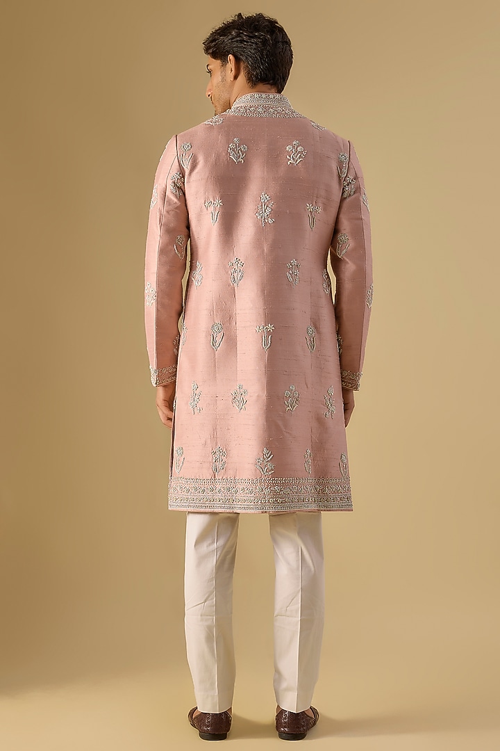 Rose Raw Silk Groom Sherwani Set by Anushree Reddy Men at Pernia's Pop Up Shop