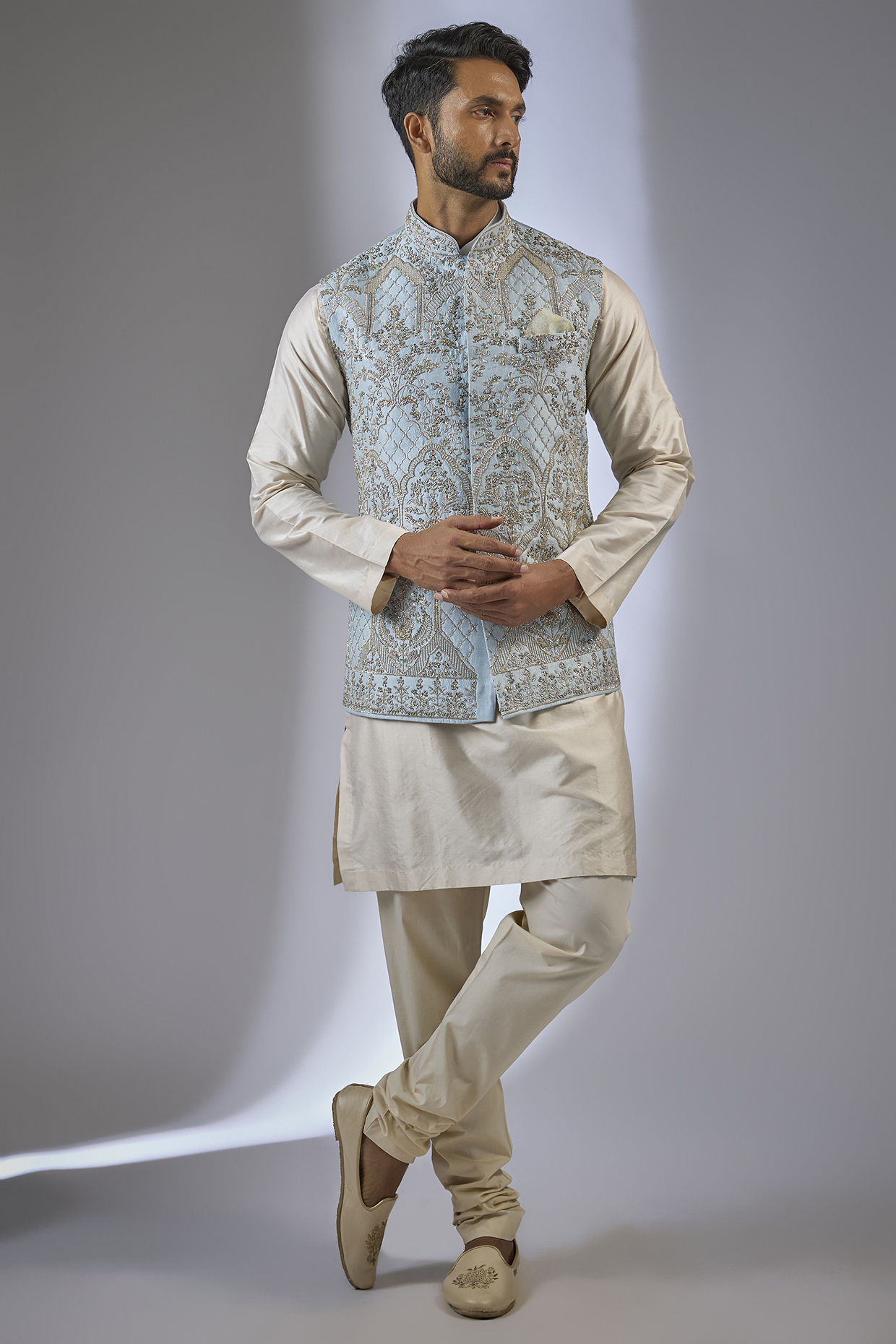 Powder Blue & Ivory Raw Silk Embroidered Bundi Jacket With Kurta by Anushree Reddy Men