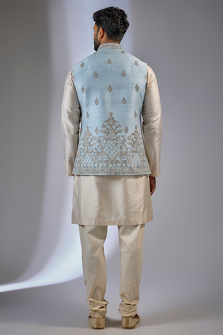 Powder Blue Raw Silk Thread Embroidered Nehru Jacket by Anushree Reddy Men at Pernia's Pop Up Shop