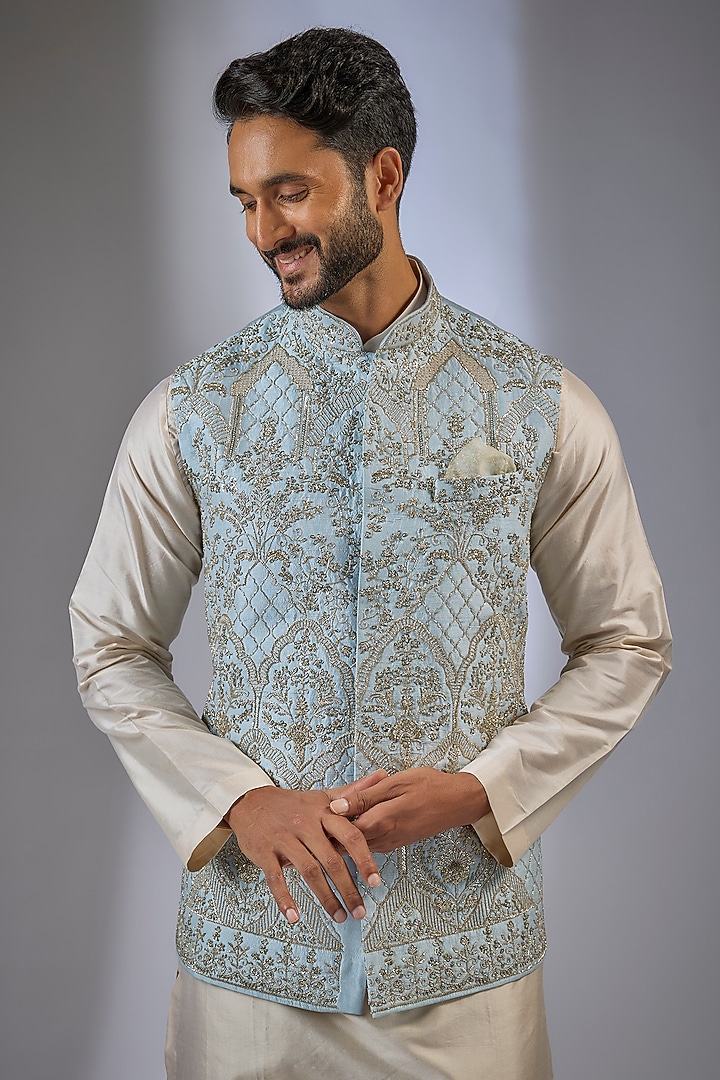 Powder Blue Raw Silk Thread Embroidered Nehru Jacket by Anushree Reddy Men at Pernia's Pop Up Shop