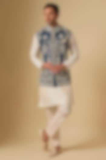 Midnight Blue & Ivory Raw Silk Embroidered Bundi Jacket by Anushree Reddy Men at Pernia's Pop Up Shop