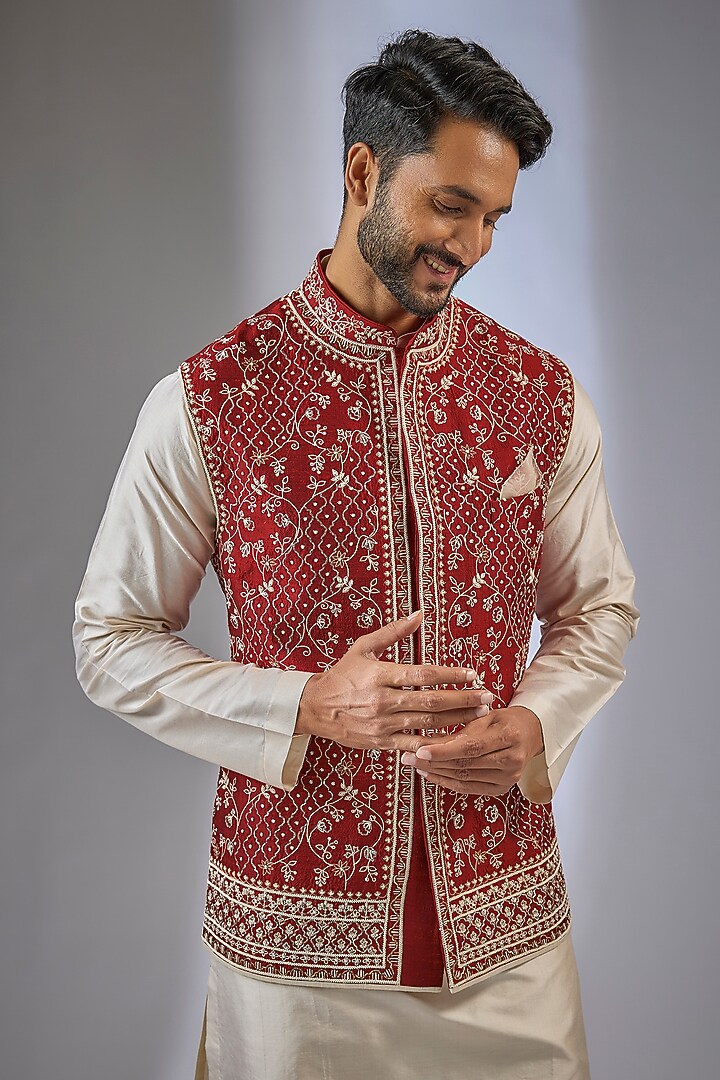 Maroon Raw Silk Thread Embroidered Nehru Jacket by Anushree Reddy Men at Pernia's Pop Up Shop