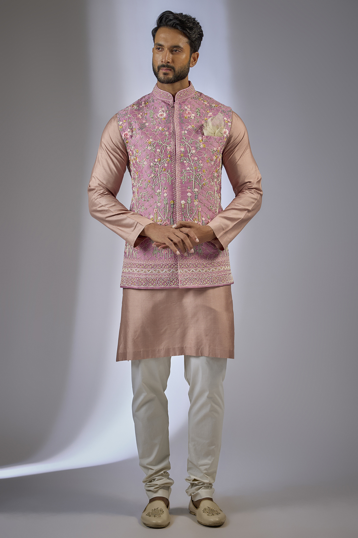 Onion Pink Raw Silk Embroidered Bundi Jacket With Kurta by Anushree Reddy Men