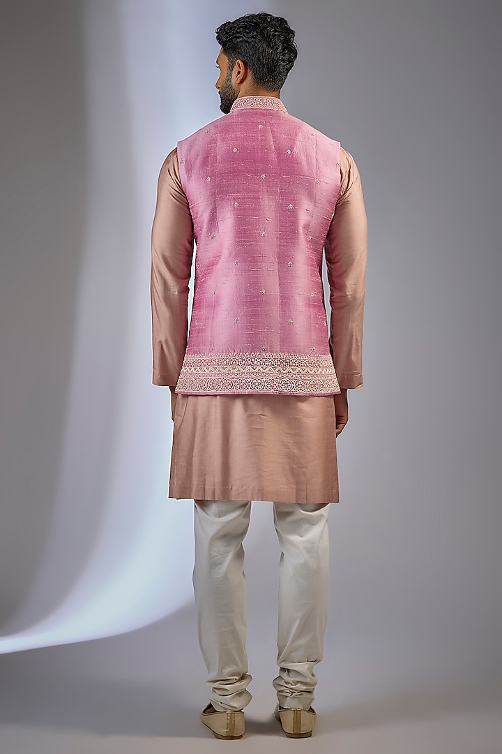 Onion Pink Raw Silk Thread Embroidered Nehru Jacket by Anushree Reddy Men at Pernia's Pop Up Shop
