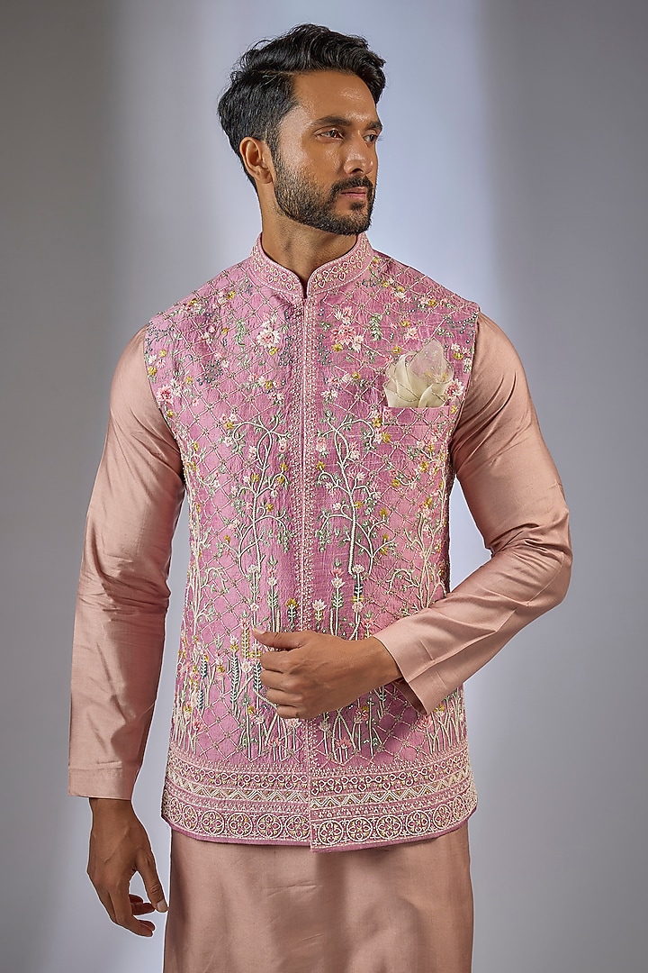 Onion Pink Raw Silk Thread Embroidered Nehru Jacket by Anushree Reddy Men at Pernia's Pop Up Shop