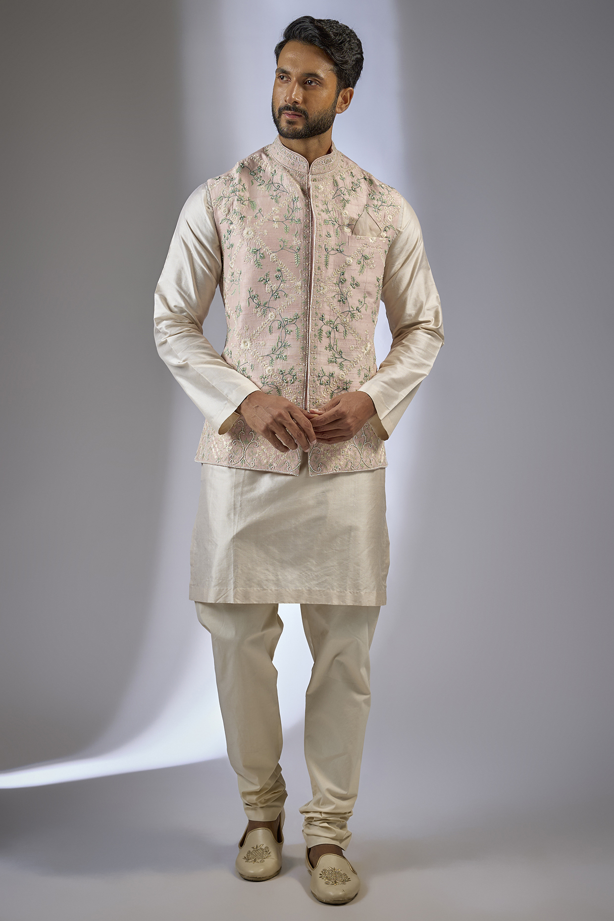 Pink & Beige Raw Silk Embroidered Bundi Jacket With Kurta by Anushree Reddy Men
