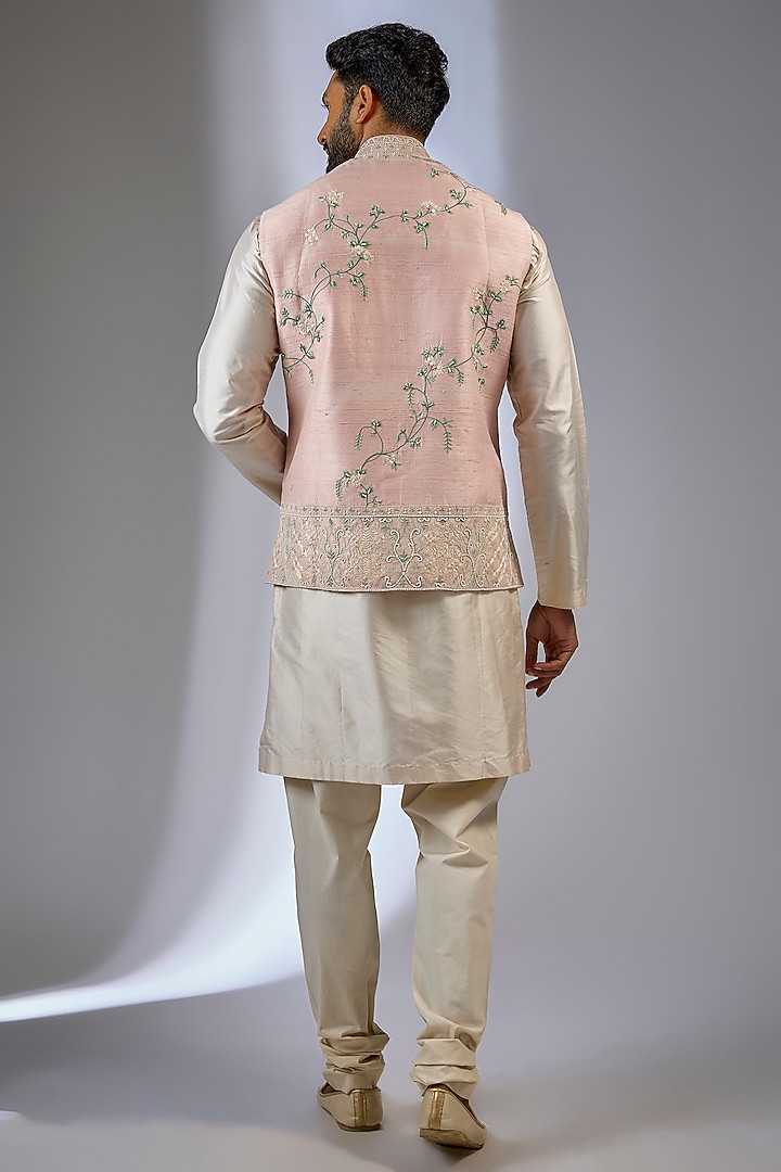 Pink Raw Silk Thread Embroidered Nehru Jacket by Anushree Reddy Men at Pernia's Pop Up Shop
